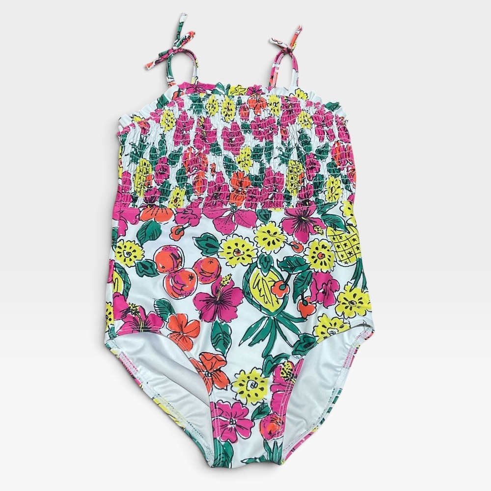 Tucker+tate Swimsuit Kids S 6 White Multi Excellent Smocked Tropical Floral